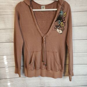 Crash & Burn Small brown v-neck hooded bird floral Y2K Fairy sweatshirt